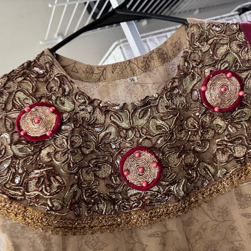 Embroidered Floral Dress with Gold and Red Accents Pakistani and Indian dresses.